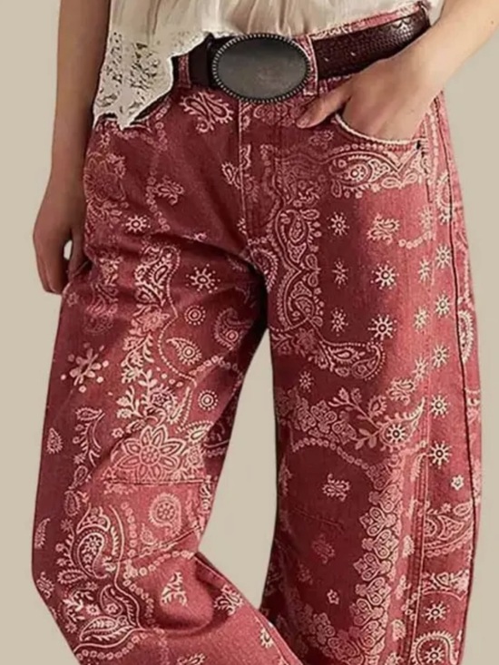 Pants - Women's Red Paisley Wide-Leg Pants